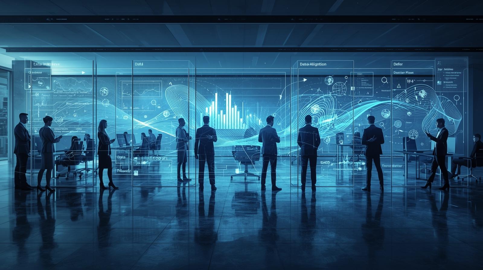 Business people in a modern office looking at holographic data displays.